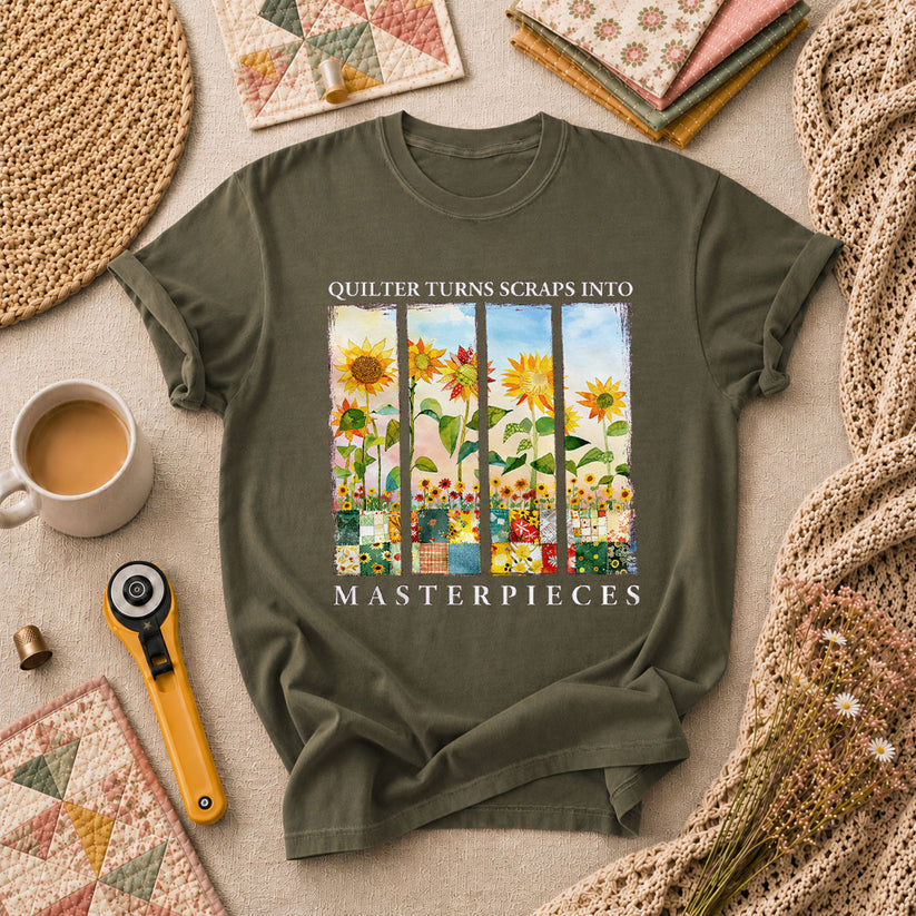 Quilter Turns Scraps Into Masterpieces Sunflowers T-Shirt - Military Green