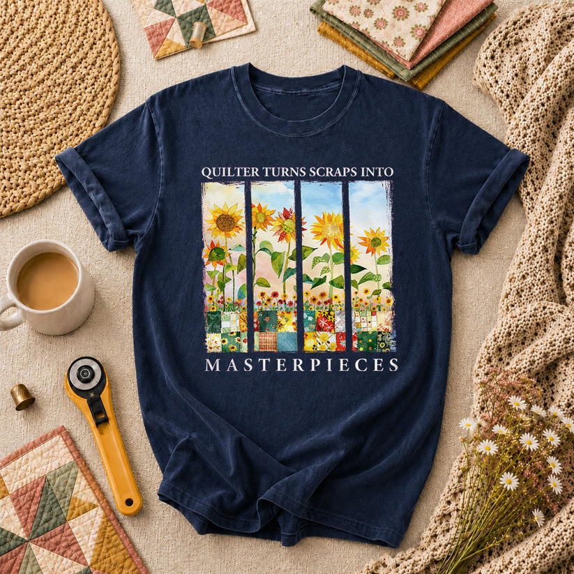 Quilter Turns Scraps Into Masterpieces Sunflowers T-Shirt - Navy