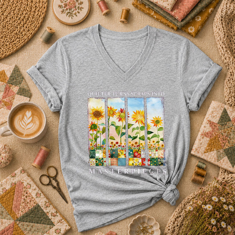 Quilter Turns Scraps Into Masterpieces Sunflowers Women's V-Neck - Athletic Heather