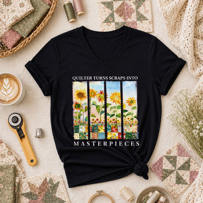 Quilter Turns Scraps Into Masterpieces Sunflowers Women's V-Neck - Black