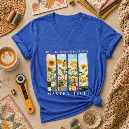 Quilter Turns Scraps Into Masterpieces Sunflowers Women's V-Neck - Heather True Royal