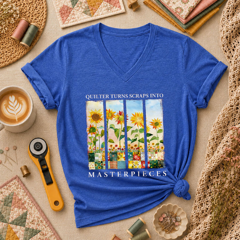 Quilter Turns Scraps Into Masterpieces Sunflowers Women's V-Neck - Heather True Royal