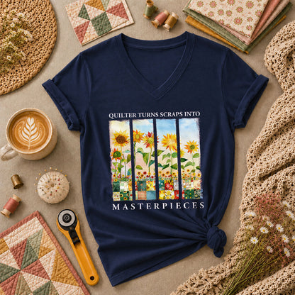 Quilter Turns Scraps Into Masterpieces Sunflowers Women's V-Neck - Navy