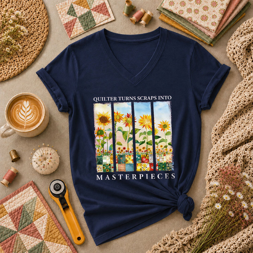 Quilter Turns Scraps Into Masterpieces Sunflowers Women's V-Neck - Navy
