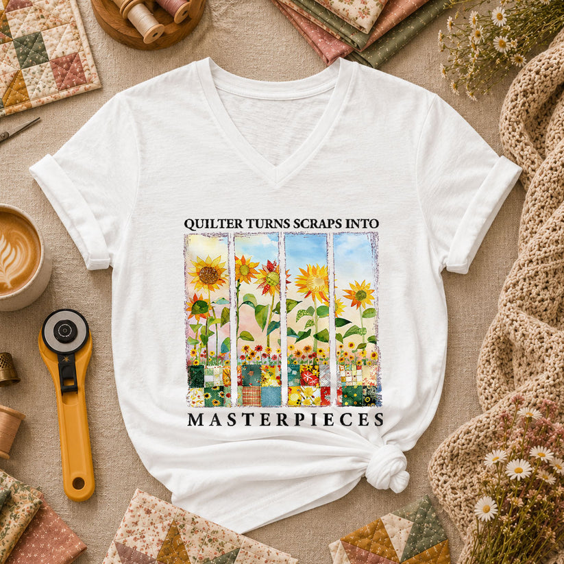 Quilter Turns Scraps Into Masterpieces Sunflowers Women's V-Neck - White