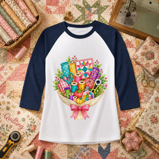 Quilters Bouquet Sewing Supplies Fabric Raglan Sleeve - Navy