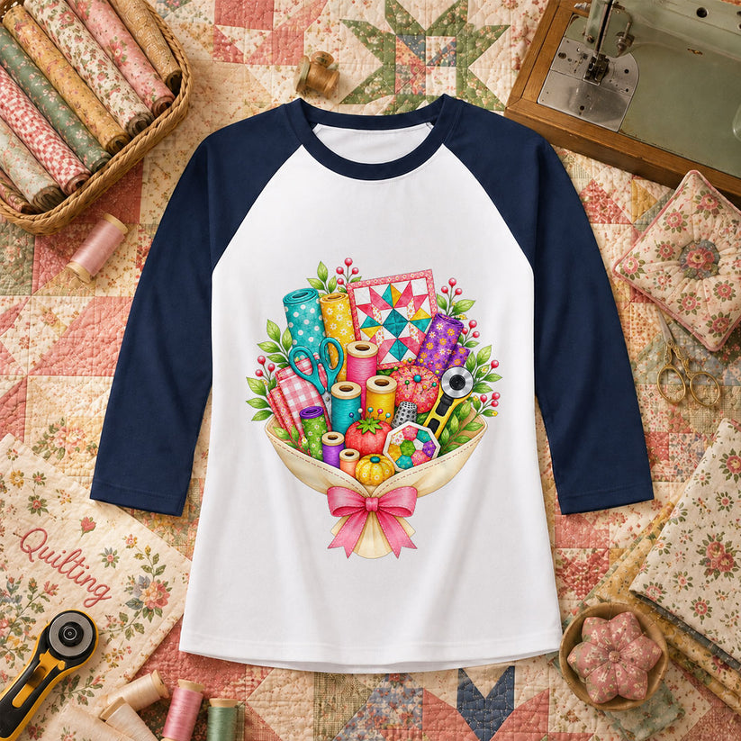 Quilters Bouquet Sewing Supplies Fabric Raglan Sleeve - Navy