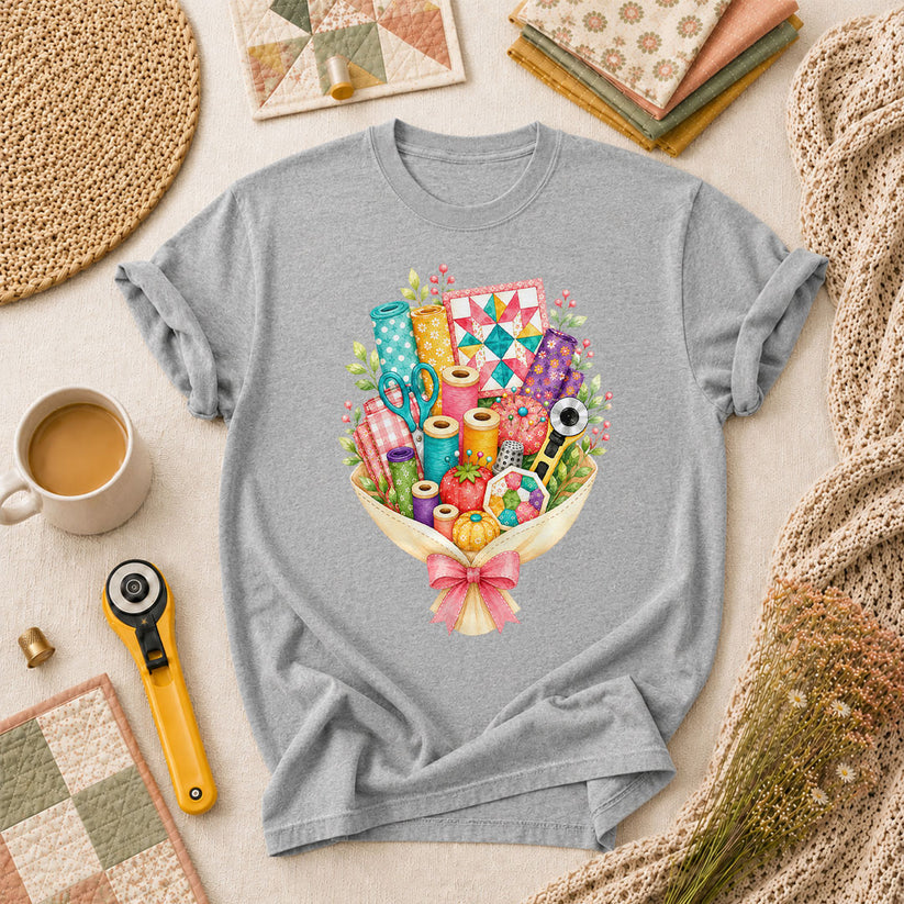 Quilters Bouquet Sewing Supplies Fabric T-Shirt - Athletic Heather