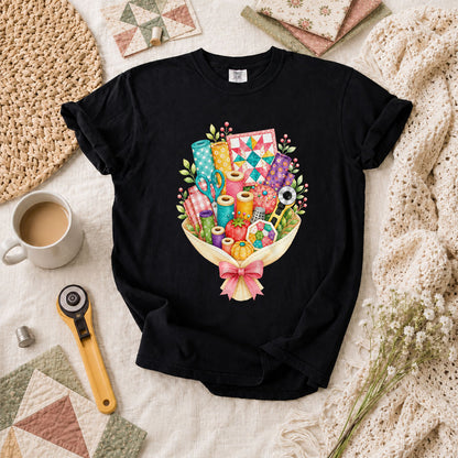 Quilters Bouquet Sewing Supplies Fabric T-Shirt - Black