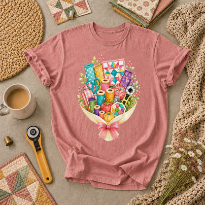 Quilters Bouquet Sewing Supplies Fabric T-Shirt - Heather Mauve
