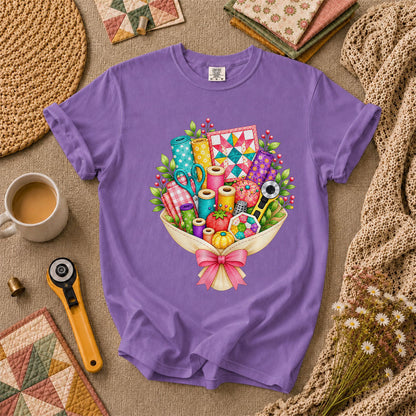 Quilters Bouquet Sewing Supplies Fabric T-Shirt - Heather Team Purple