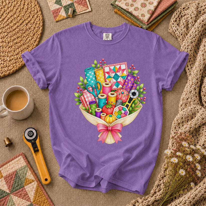 Quilters Bouquet Sewing Supplies Fabric T-Shirt - Heather Team Purple