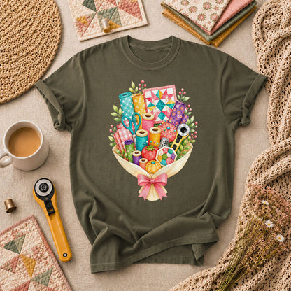 Quilters Bouquet Sewing Supplies Fabric T-Shirt - Military Green
