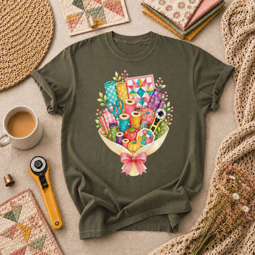 Quilters Bouquet Sewing Supplies Fabric T-Shirt - Military Green