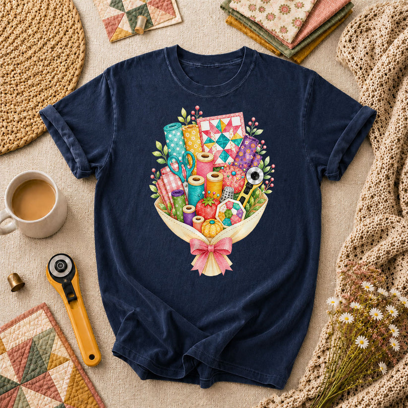 Quilters Bouquet Sewing Supplies Fabric T-Shirt - Navy