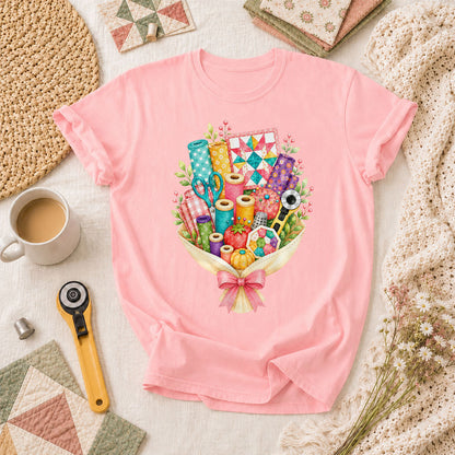 Quilters Bouquet Sewing Supplies Fabric T-Shirt - Pink