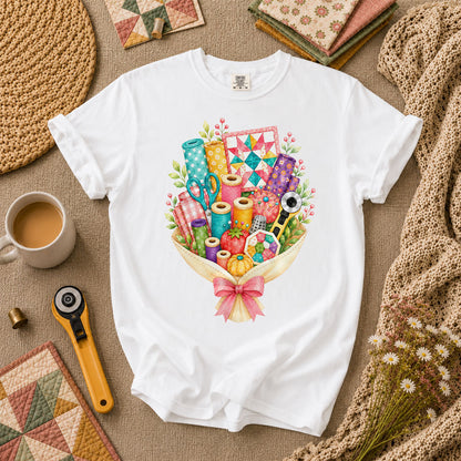 Quilters Bouquet Sewing Supplies Fabric T-Shirt - White