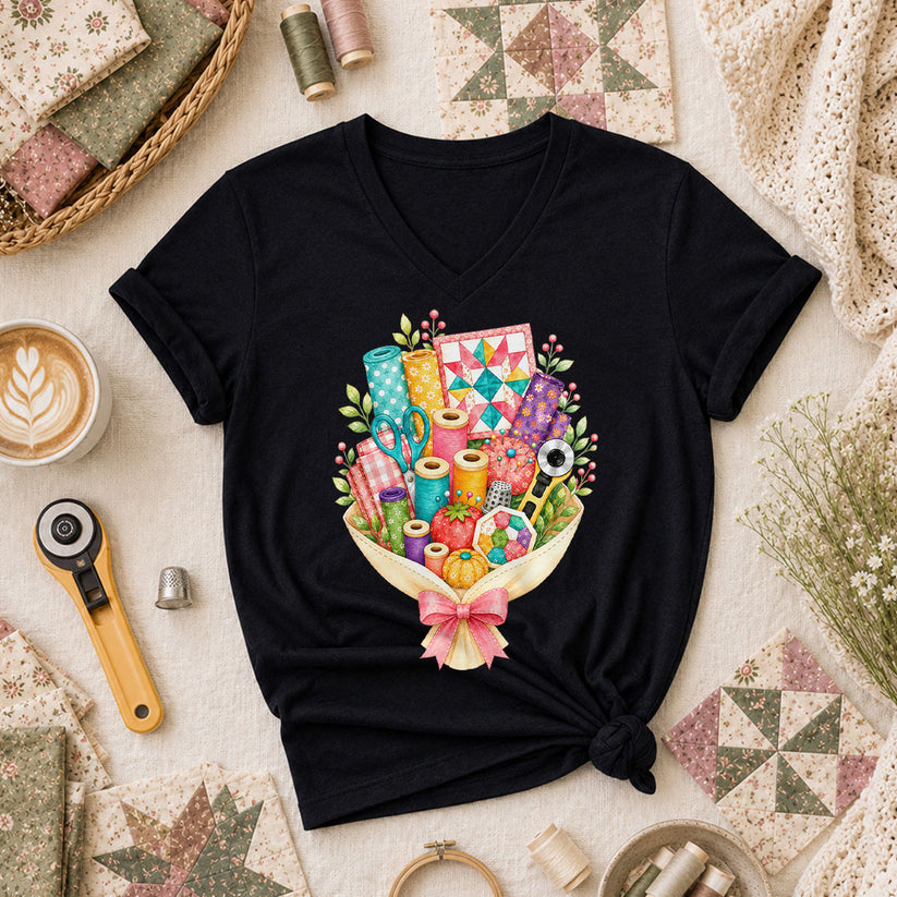 Quilters Bouquet Sewing Supplies Fabric Women's V-Neck - Black