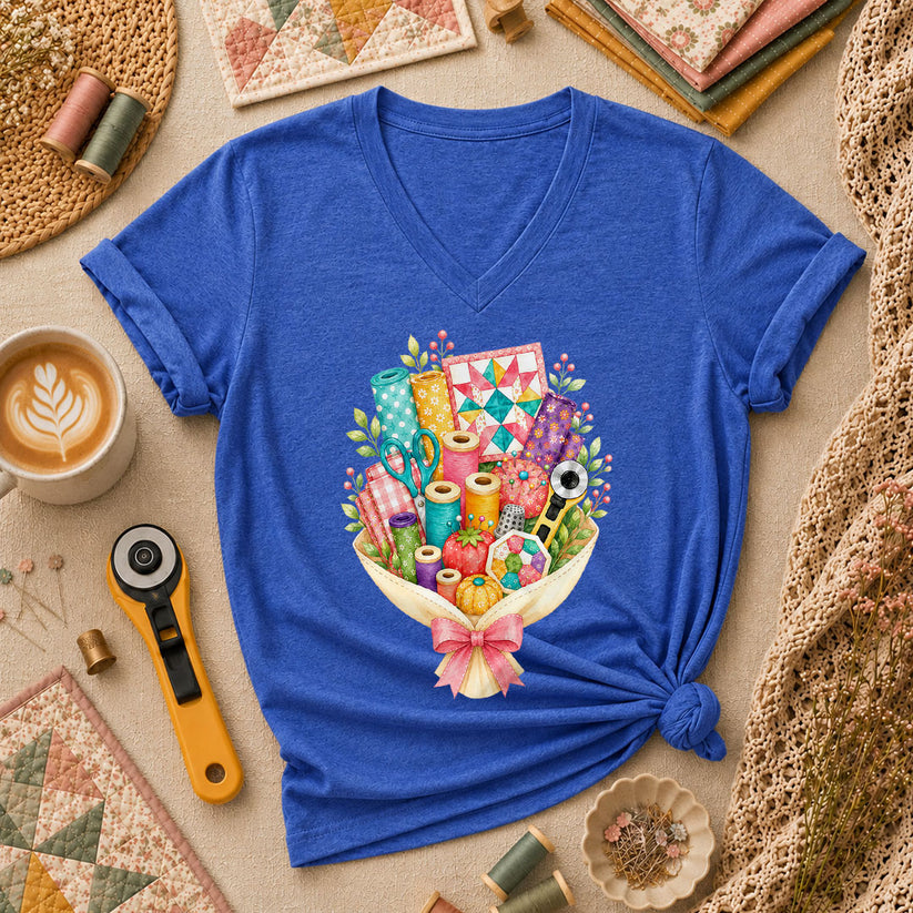 Quilters Bouquet Sewing Supplies Fabric Women's V-Neck - Heather True Royal