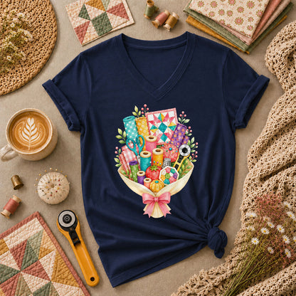 Quilters Bouquet Sewing Supplies Fabric Women's V-Neck - Navy