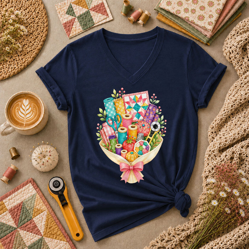 Quilters Bouquet Sewing Supplies Fabric Women's V-Neck - Navy