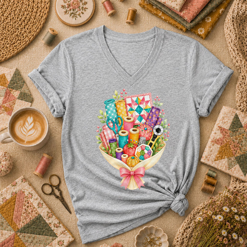 Quilters Bouquet Sewing Supplies Fabric Women's V-Neck - Sport Grey