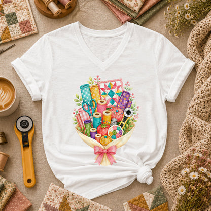 Quilters Bouquet Sewing Supplies Fabric Women's V-Neck - White