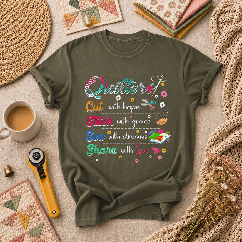Quilters Cut With Hope Stitch With Grace Sew With Dreams T-Shirt - Military Green