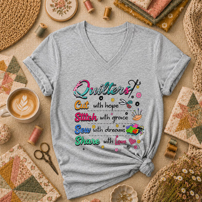 Quilters Cut With Hope Stitch With Grace Sew With Dreams Women's V-Neck - Athletic Heather