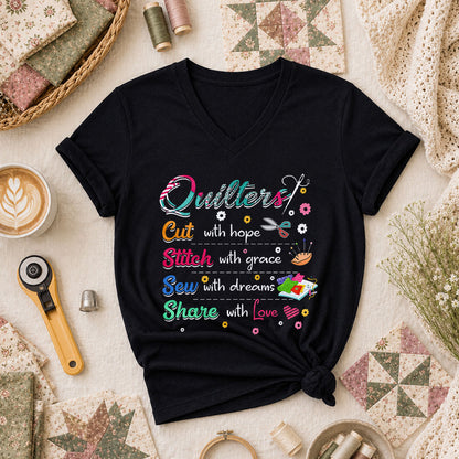Quilters Cut With Hope Stitch With Grace Sew With Dreams Women's V-Neck - Black