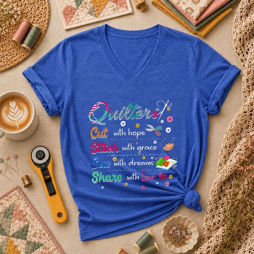 Quilters Cut With Hope Stitch With Grace Sew With Dreams Women's V-Neck - Heather True Royal