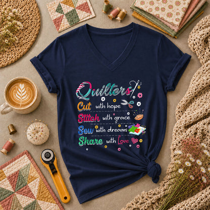 Quilters Cut With Hope Stitch With Grace Sew With Dreams Women's V-Neck - Navy