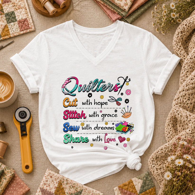 Quilters Cut With Hope Stitch With Grace Sew With Dreams Women's V-Neck - White