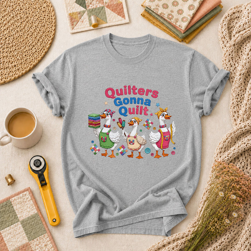 Quilters Gonna Quilt Three Ducks Quilting Trio T-Shirt - Athletic Heather