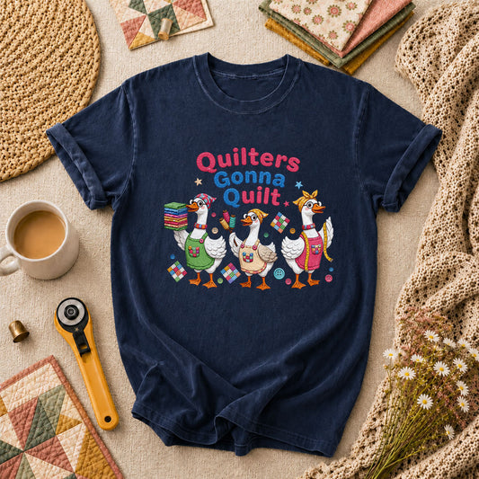 Quilters Gonna Quilt Three Ducks Quilting Trio T-Shirt - Navy