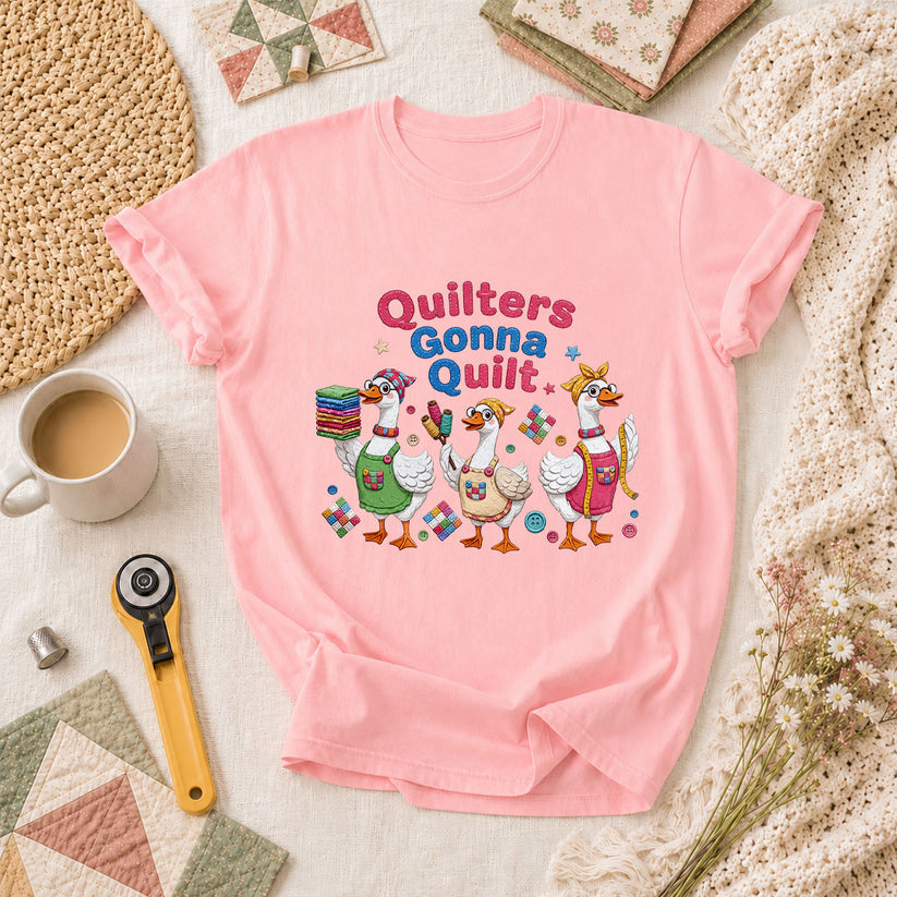 Quilters Gonna Quilt Three Ducks Quilting Trio T-Shirt - Pink