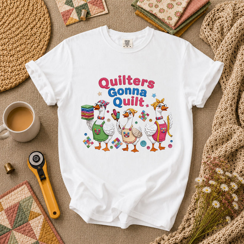 Quilters Gonna Quilt Three Ducks Quilting Trio T-Shirt - White