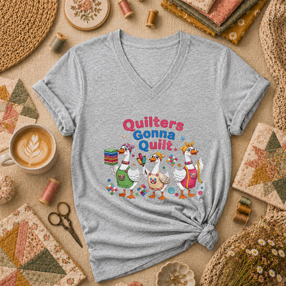 Quilters Gonna Quilt Three Ducks Quilting Trio Women's V-Neck - Athletic Heather