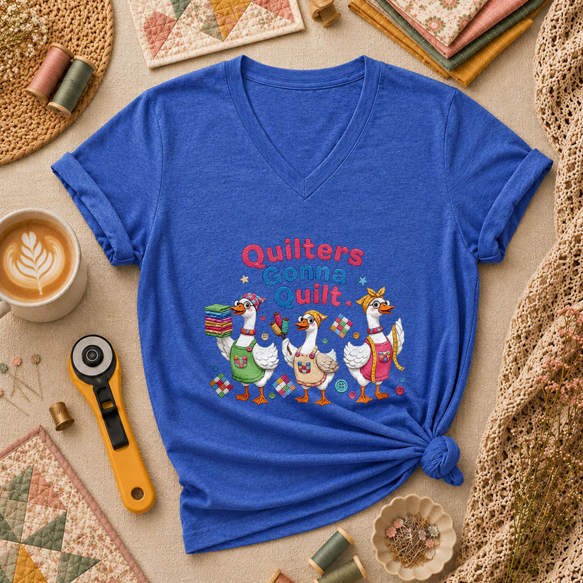 Quilters Gonna Quilt Three Ducks Quilting Trio Women's V-Neck - Heather True Royal