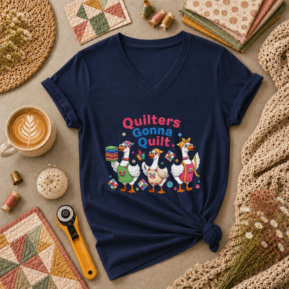 Quilters Gonna Quilt Three Ducks Quilting Trio Women's V-Neck - Navy