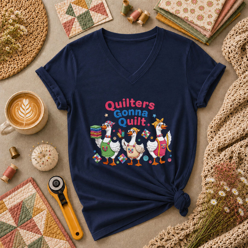 Quilters Gonna Quilt Three Ducks Quilting Trio Women's V-Neck - Navy