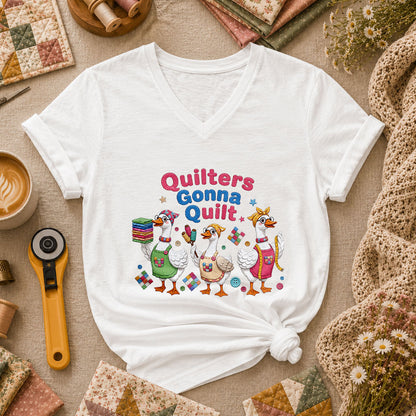 Quilters Gonna Quilt Three Ducks Quilting Trio Women's V-Neck - White