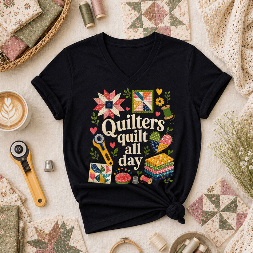 Quilters Quilt All Day Women's V-Neck - Black