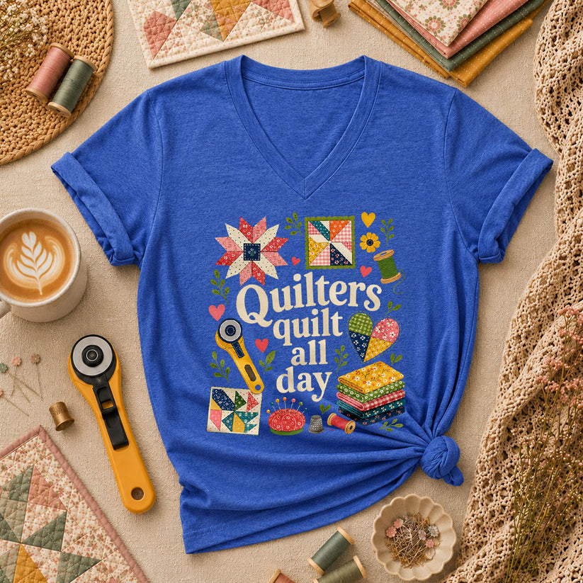 Quilters Quilt All Day Women's V-Neck - Heather True Royal