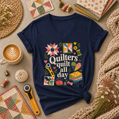 Quilters Quilt All Day Women's V-Neck - Navy