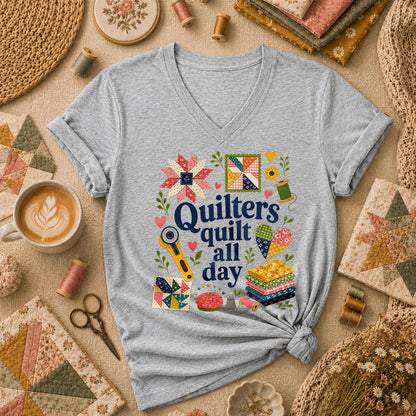 Quilters Quilt All Day Women's V-Neck - Sport Grey