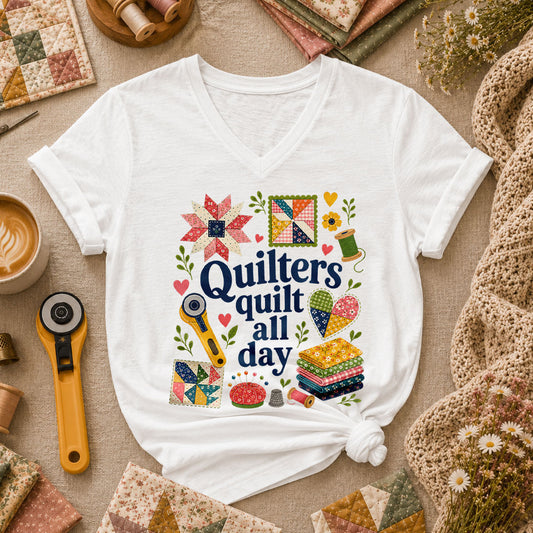 Quilters Quilt All Day Women's V-Neck - White