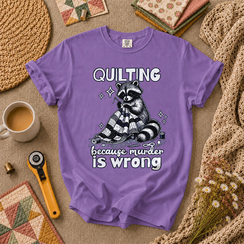 Quilting Because Murder Is Wrong Raccoon T-Shirt - Heather Team Purple
