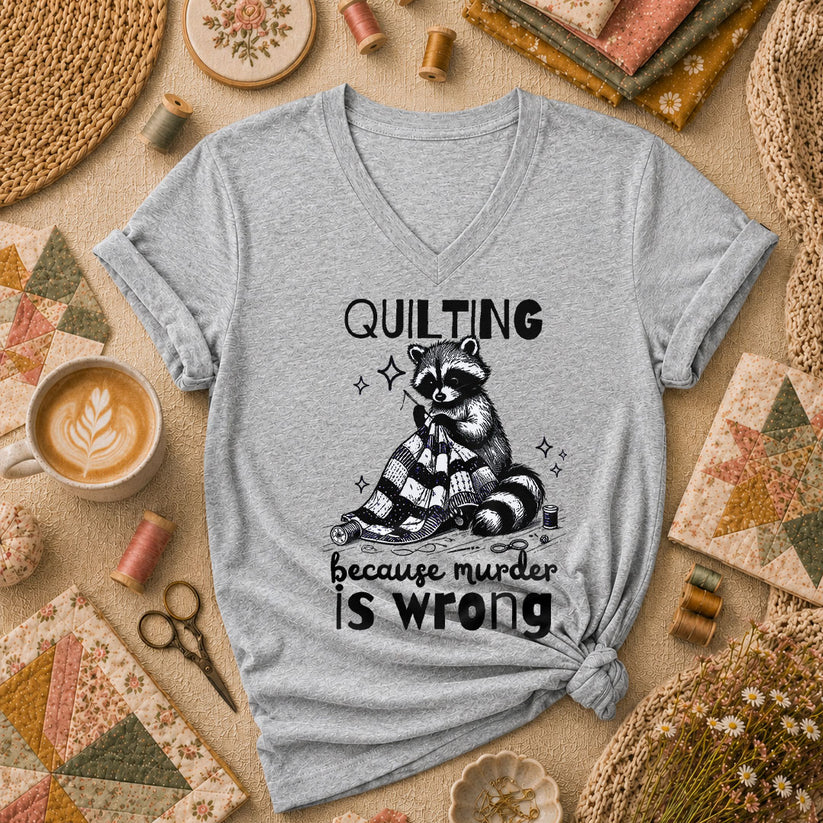 Quilting Because Murder Is Wrong Raccoon Women's V-Neck - Athletic Heather