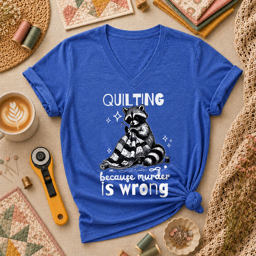 Quilting Because Murder Is Wrong Raccoon Women's V-Neck - Heather True Royal